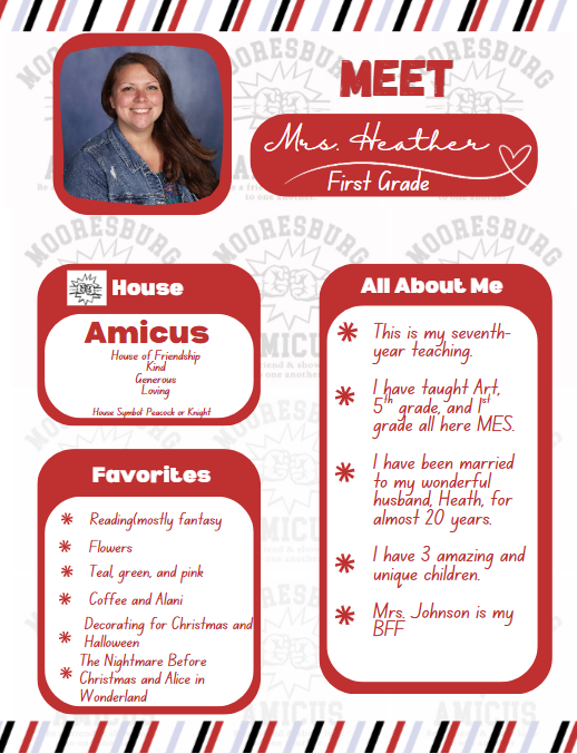 Meet Mrs. Heather. House Amicus. Favorites:  reading fantasy, flowers, teal green and pink, coffee, aloni, christmas and Halloween. All about me: This is my seventh-year teaching.  I have taught Art, 5th grade, and 1st grade all here MES.  I have been married to my wonderful husband, Heath, for almost 20 years.  I have 3 amazing and unique children.  Mrs. Johnson is my BFF