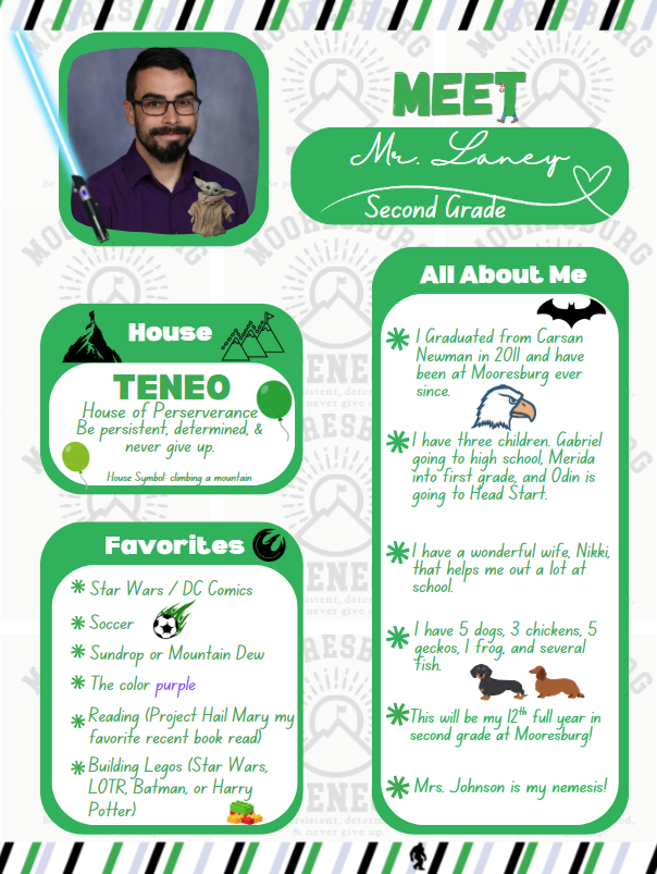 Meet Mr. Laney. House Teneo. Favorite soccer, purple, starwars dc comicd, building legos, readong. About Him: graduated Carsan Newman, 5 dogs, 3 chickens, 5 geckos. 