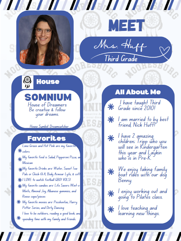 Mrs. Huff. House Somnium. Favorite Lime Green and Hot Pink are my favorite colors My favorite food is Salad, Pepperoni Pizza, and Mexican My favorite Drinks are: Water, Sweet Tea-Pals or Chick-fil-A, Body Armour Lyte, & coffee I LOVE to watch football GBO! VOLS!   My favorite candies are: Life Savors Wint-o-Mints, Almond Joy, Albanese gummies, and Reese cups/pieces My favorite movies are: Pocohontas, Harry Potter Series, and Dirty Dancing I love to be outdoors, reading a good book, and spending time with my family and friends. all  about me: I have taught Third Grade since 2010!   I am married to by best friend, Nick Huff!  I have 2 amazing children; Tripp who you will see in Kindergarten this year and Laykin who is in Pre-K.  We enjoy taking family boat rides with our dog Benny.  I enjoy working out and going to Pilates class.   I love teaching and learning new things.