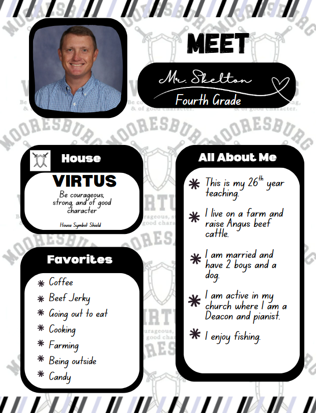 Meet Mr. Skelton. Favorites: Coffee Beef Jerky Going out to eat Cooking Farming Being outside Candy All about Me: This is my 26th year teaching.  I live on a farm and raise Angus beef cattle.  I am married and have 2 boys and a dog.  I am active in my church where I am a Deacon and pianist.  I enjoy fishing.