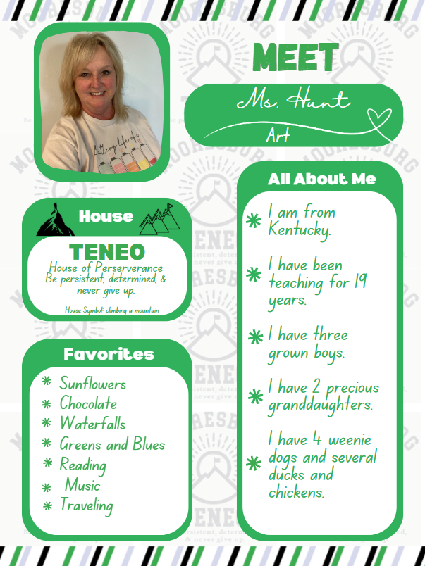 Meet Mrs. Hunt House Teneo Favorite Sunflowers Chocolate  Waterfalls Greens and Blues Reading  Music Traveling ALL about me:   am from Kentucky.   I have been teaching for 19 years.   I have three grown boys.   I have 2 precious granddaughters.   I have 4 weenie  dogs and several ducks and chickens. 
