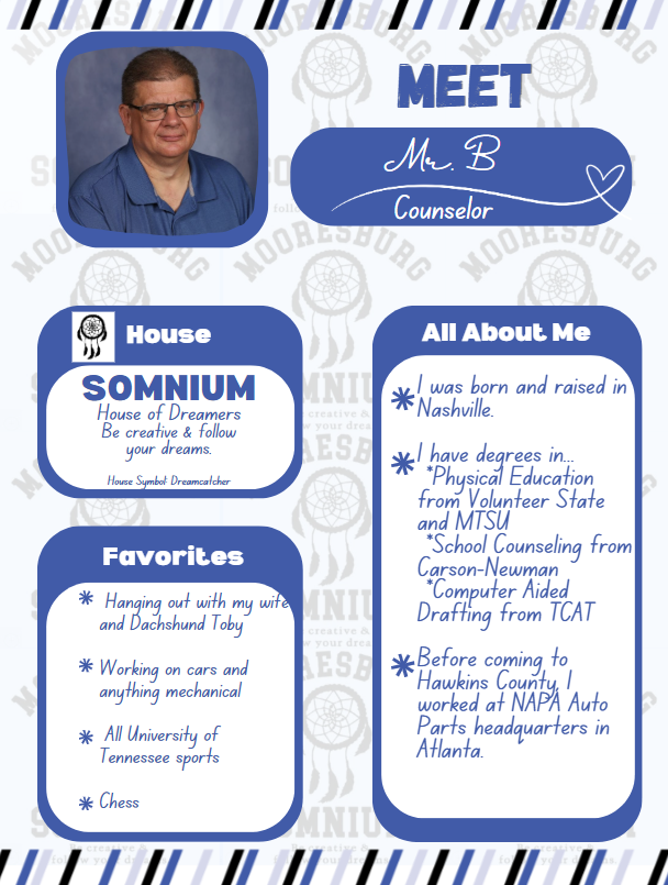 Meet Mr. B House Somnium Favorites: Hanging out with my wife and Dachshund Toby   Working on cars and anything mechanical   All University of Tennessee sports   Chess All about me: I was born and raised in Nashville.   I have degrees in...  *Physical Education from Volunteer State and MTSU   *School Counseling from Carson-Newman  *Computer Aided Drafting from TCAT   Before coming to Hawkins County, I worked at NAPA Auto Parts headquarters in Atlanta.