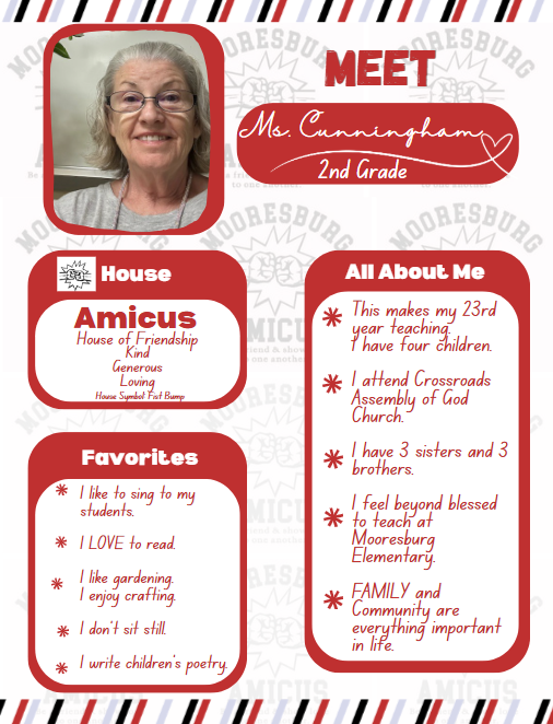 Mrs. Cunningham house Amicus: I like to sing to my students.  I LOVE to read.  I like gardening. I enjoy crafting.  I don't sit still.  I write children's poetry.This makes my 23rd year teaching. I have four children.   I attend Crossroads Assembly of God Church.  I have 3 sisters and 3 brothers.  I feel beyond blessed to teach at Mooresburg Elementary.  FAMILY and Community are everything important in life.