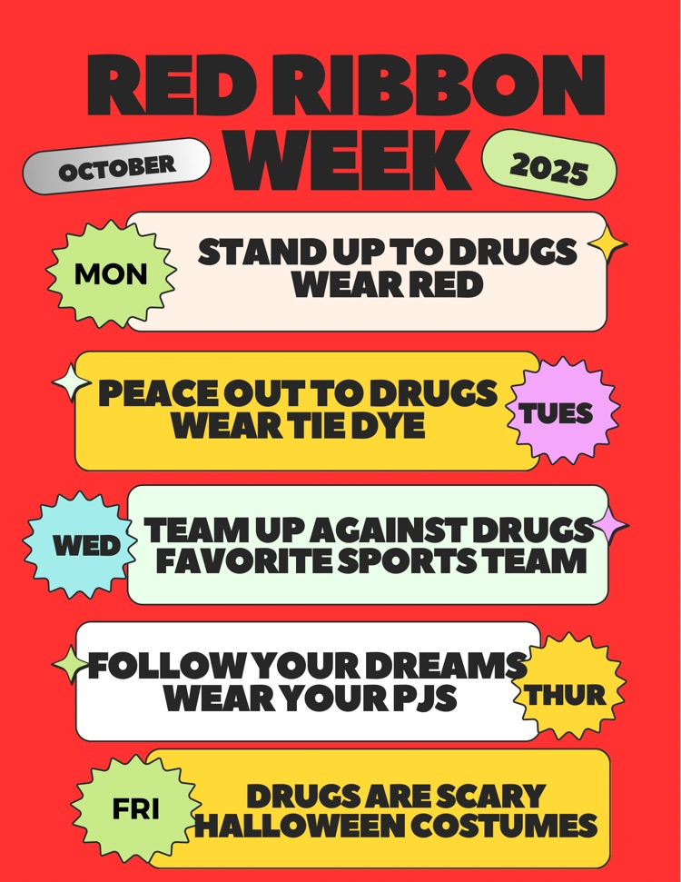 flyer with dress up days. Monday wear red. tuesday wear tie dye. Wednesday wear your favorite team. Thursday wear pjs. Friday wear Halloween costumes