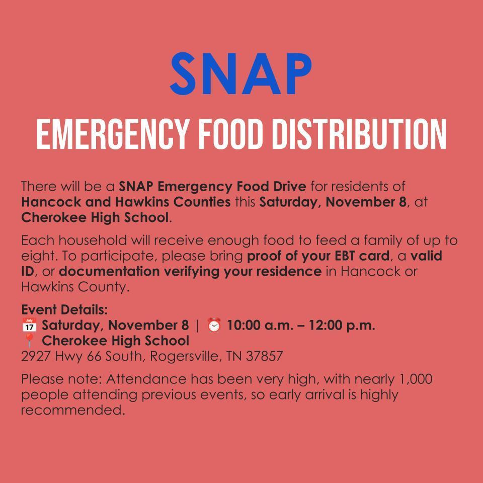 There will be a SNAP Emergency Food Drive for residents of Hancock and Hawkins Counties this Saturday, November 8, at Cherokee High School. Each household will receive enough food to feed a family of up to eight. To participate, please bring proof of your EBT card, a valid ID, or documentation verifying your residence in Hancock or Hawkins County. Event Details: 📅 Saturday, November 8 | ⏰ 10:00 a.m. – 12:00 p.m. 📍 Cherokee High School 2927 Hwy 66 South, Rogersville, TN 37857 Please note: Attendance has been very high, with nearly 1,000 people attending previous events, so early arrival is highly recommended.