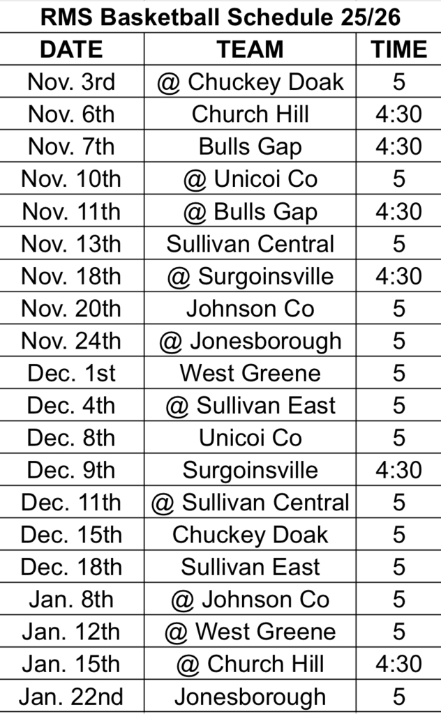 Nov. 3 @ Chuckey Doak, Nov. 6 Church Hill, Nov. 7 Bulls Gap, Nov. 10 @Unicoi, Nov. 11 @ Bulls Gap. Nov. 13 Sullivan Central, Nov. 18 @ Surgoinsville, Nov. 20 Johnson Co., Nov. 24 @ Jonesborough, Dec. 1 West Greene, Dec. 4 @ Sullivan East, Dec. 8 Unicoi, Dec 9 Surgoinsville, Dec. 11 @ Sullivan Central, Dec. 15 Chuckey DOak, Dec. 18 Sullivan East, Jan. 8 @Johnson Co.. Jan. 12 @ West Greene, Jan. 15 @ Church Hill, Jan. 22 Jonesborough