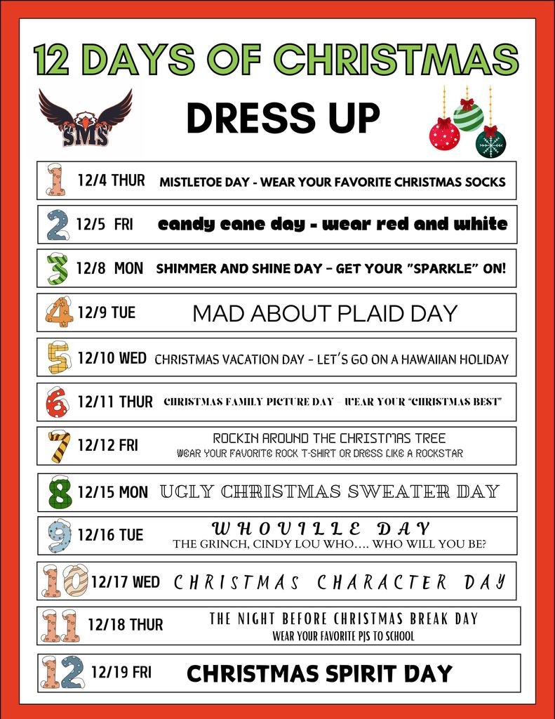 12 days of christmas dress up days graphic
