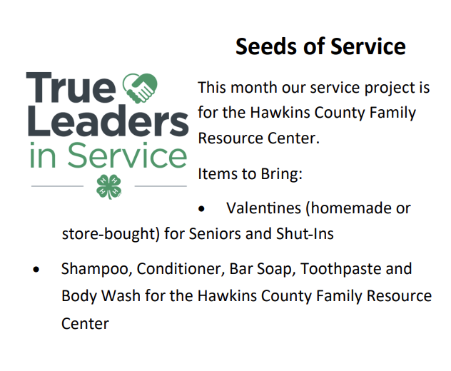 Seeds of Service True This month our service project is Leaders for the Hawkins County Family Resource Center. in Service Items to Bring: Valentines (homemade or store-bought) for Seniors and Shut-Ins Shampoo, Conditioner, Bar Soap, Toothpaste and Body Wash for the Hawkins County Family Resource Center