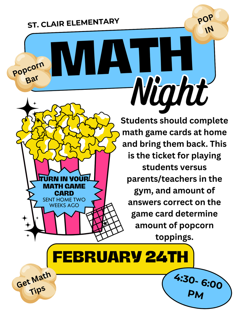 A poster with blue and white highlights announces Math Night. It shows popcorn, a game card, and a popcorn bar.