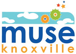 Logo for MUSE Knoxville, featuring blue and orange gears, stars, and clouds in the background.