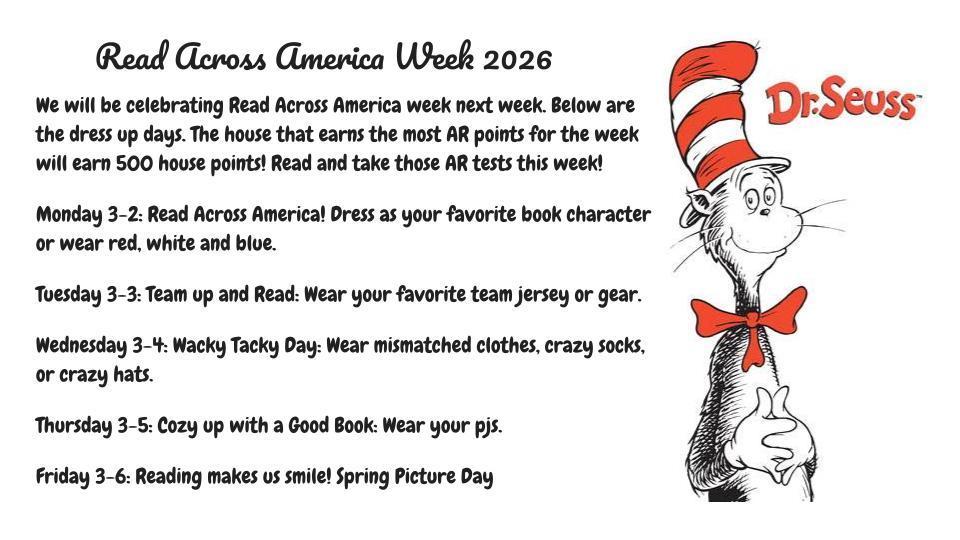 A white background with a cartoon cat in a red bow tie and hat. Text reads "Read Across America Week 2026".