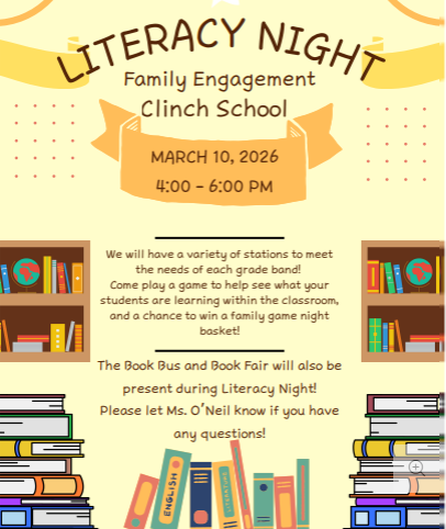 bookshelves with information about family engagement night on March 10, 2026 from 4-6 pm at Clinch School