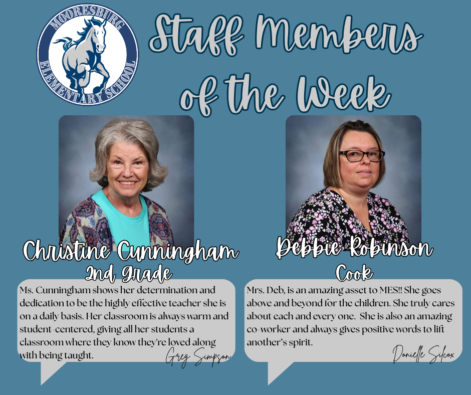 Blue banner with white text. Two staff members pictured, one smiling. Their names, positions, and accolades displayed.
