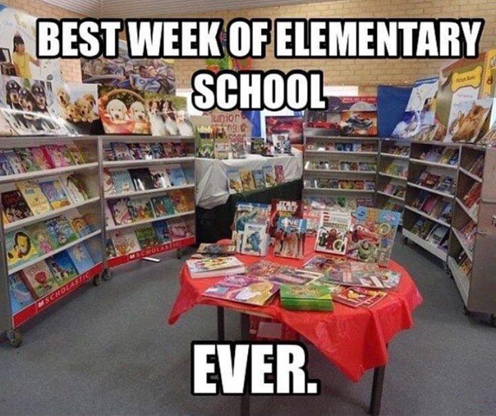 Store interior with shelves filled with books, a central table with books and a red tablecloth, and a text overlay reading "BEST WEEK OF ELEMENTARY SCHOOL EVER. EVER."