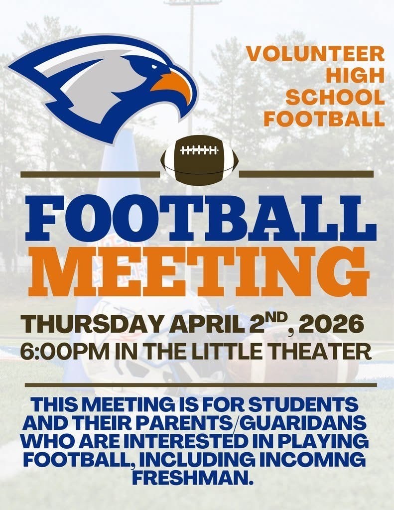 Poster for a high school football meeting on April 2, 2026, at 6:00 PM. Features a bird and football, inviting students and parents.