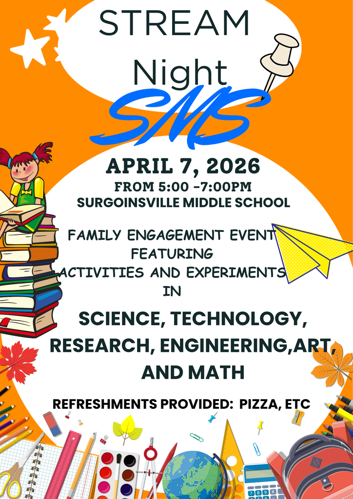 Flyer for Stream Night on April 7, 2026. Features a child on books with various educational tools. Activities include science, technology, research, engineering, art, and math.