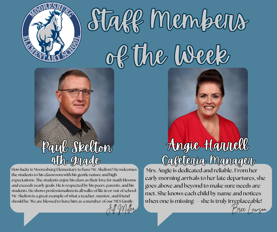 Blue banner reads "Staff Members of the Week" with two photos, one of Paul Skelton and one of Angie Harrell.
