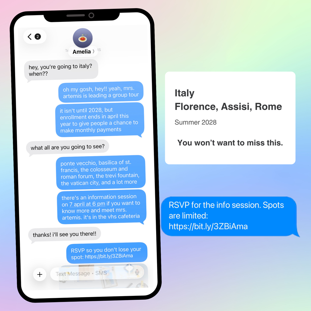 A smartphone screen displays a chat interface with a user named Amelia. The messages are about travel to Italy. The background is blurred.