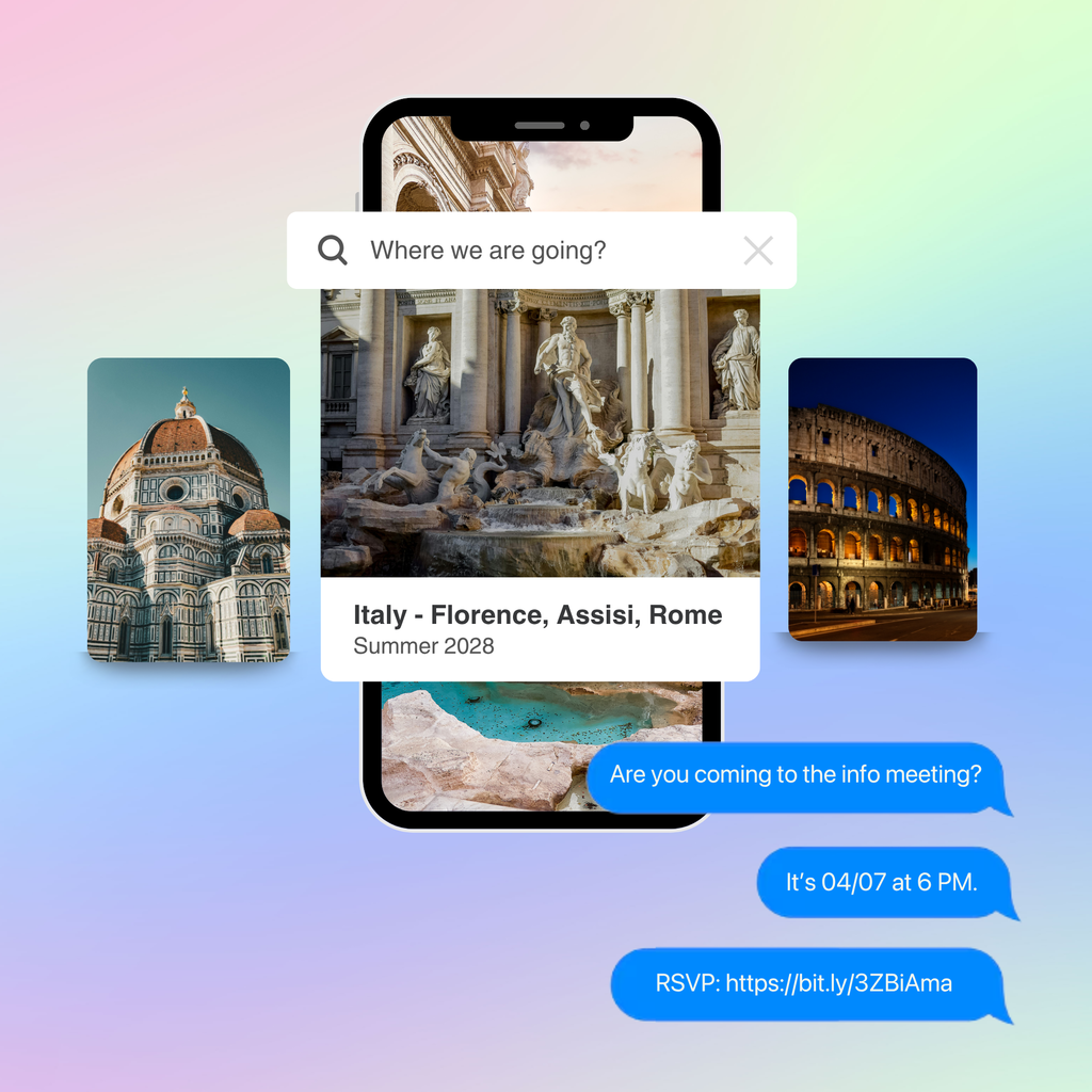 Phone screen with a search bar and three travel destination images. The first shows a domed building, the second a fountain, the third the Colosseum.