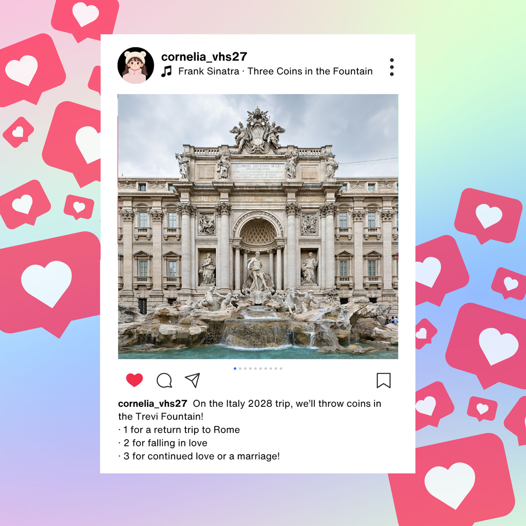 A photo of the Trevi Fountain, showing a fountain with statues and water flowing. Pink heart icons are around the edges.