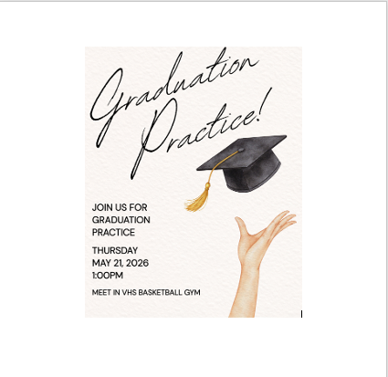 A hand with a graduation cap floating above. Text reads "Graduation Practice" and includes event details.