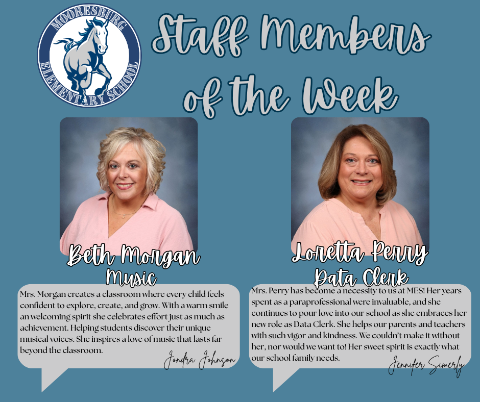 Two women are smiling. Text reads "Staff Members of the Week" with names Beth Morgan and Loretta Perry.