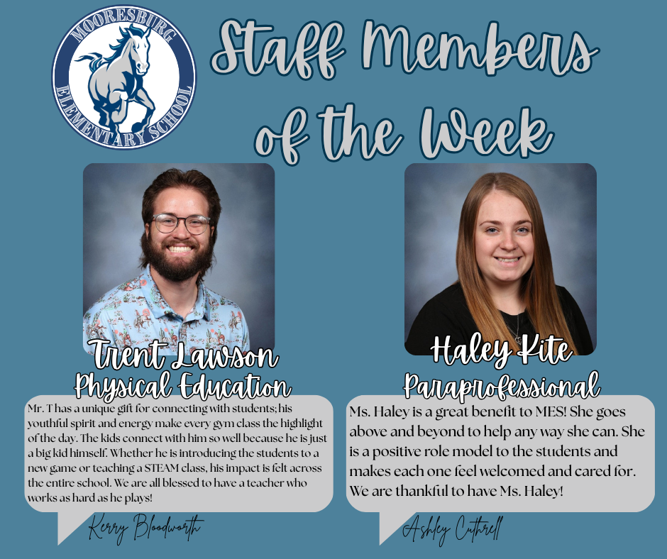 Blue background with two staff photos, one man and one woman. Text reads "Staff Members of the Week" above and "Trent Lawson" and "Haley Kite" below each photo.
