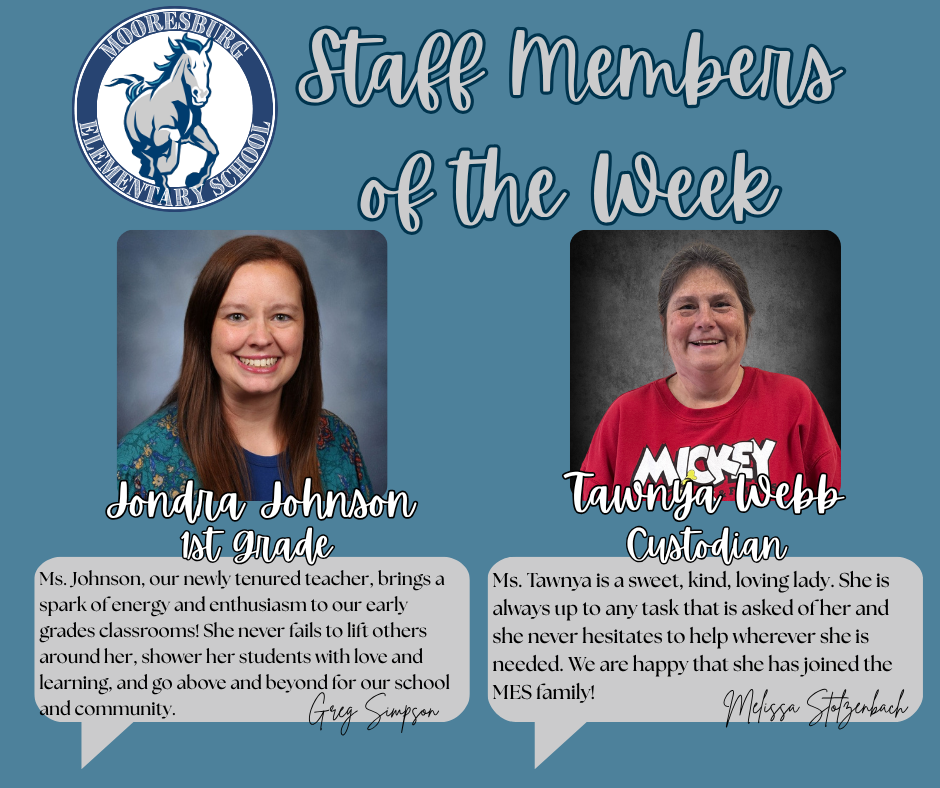 Two individuals featured on a blue background. Left, Jondra Johnson with a blue shirt and text "1st Grade". Right, Tawnya Webb in a red shirt with "Custodian"".