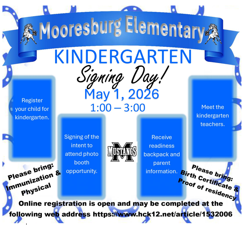 Blue banner for Moorseburg Elementary's Kindergarten Signing Day on May 1, 2026. Items to bring include birth certificate and immunization records.