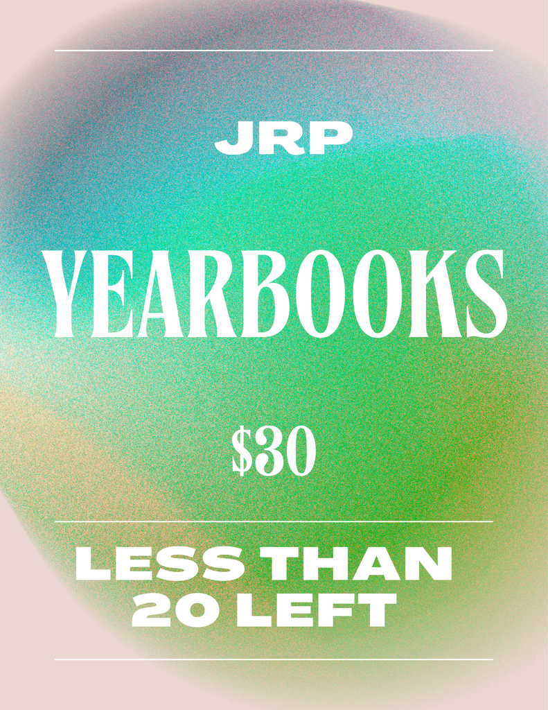 Advertisement for JRP yearbooks at $30, with a vibrant, multicolored background and white text highlighting limited stock.