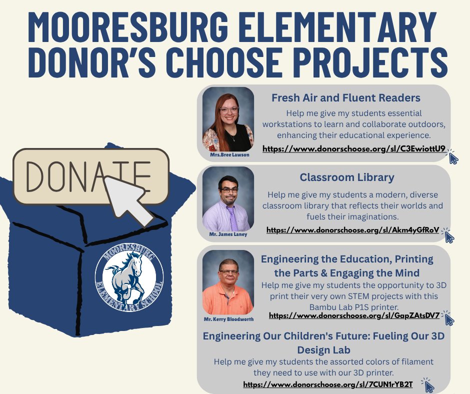Poster with "Mooresburg Elementary Donor's Choose Projects" text, featuring three donation options with names, descriptions, and links.