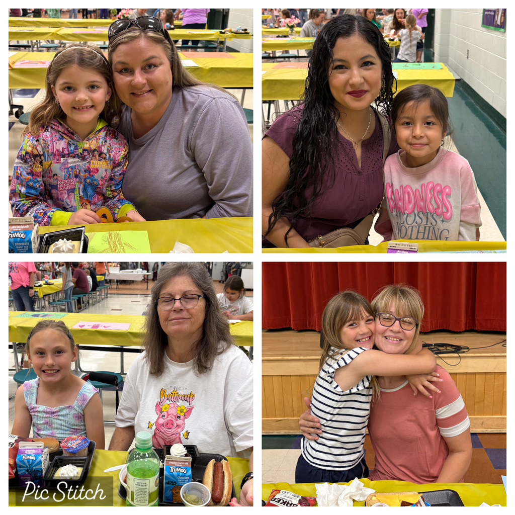 Four pictures of adults and children sitting at tables, one with a girl holding a plate, and another with a girl hugging.