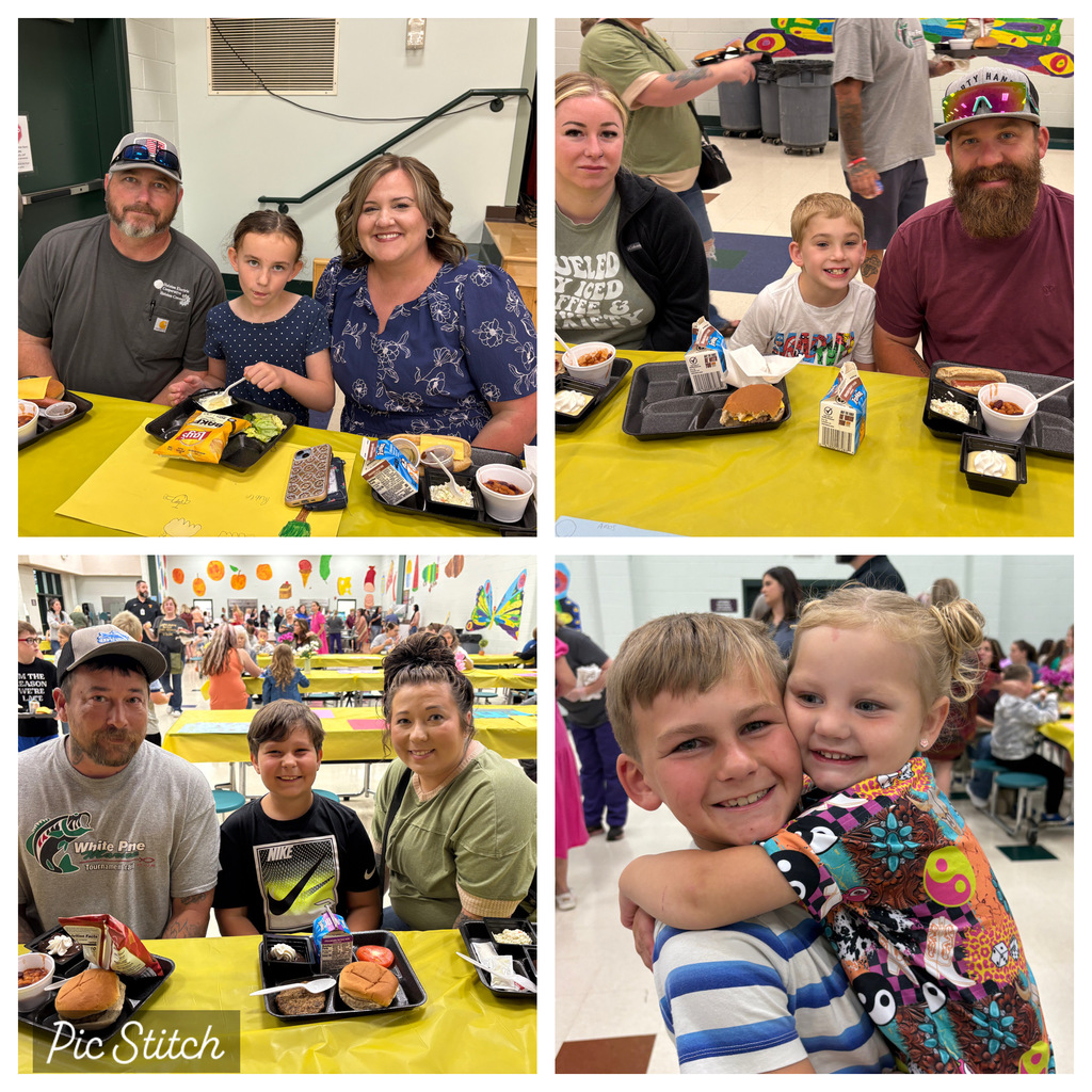 Four photos of people seated at tables with food. Some are smiling and hugging. Tables have yellow tablecloths.