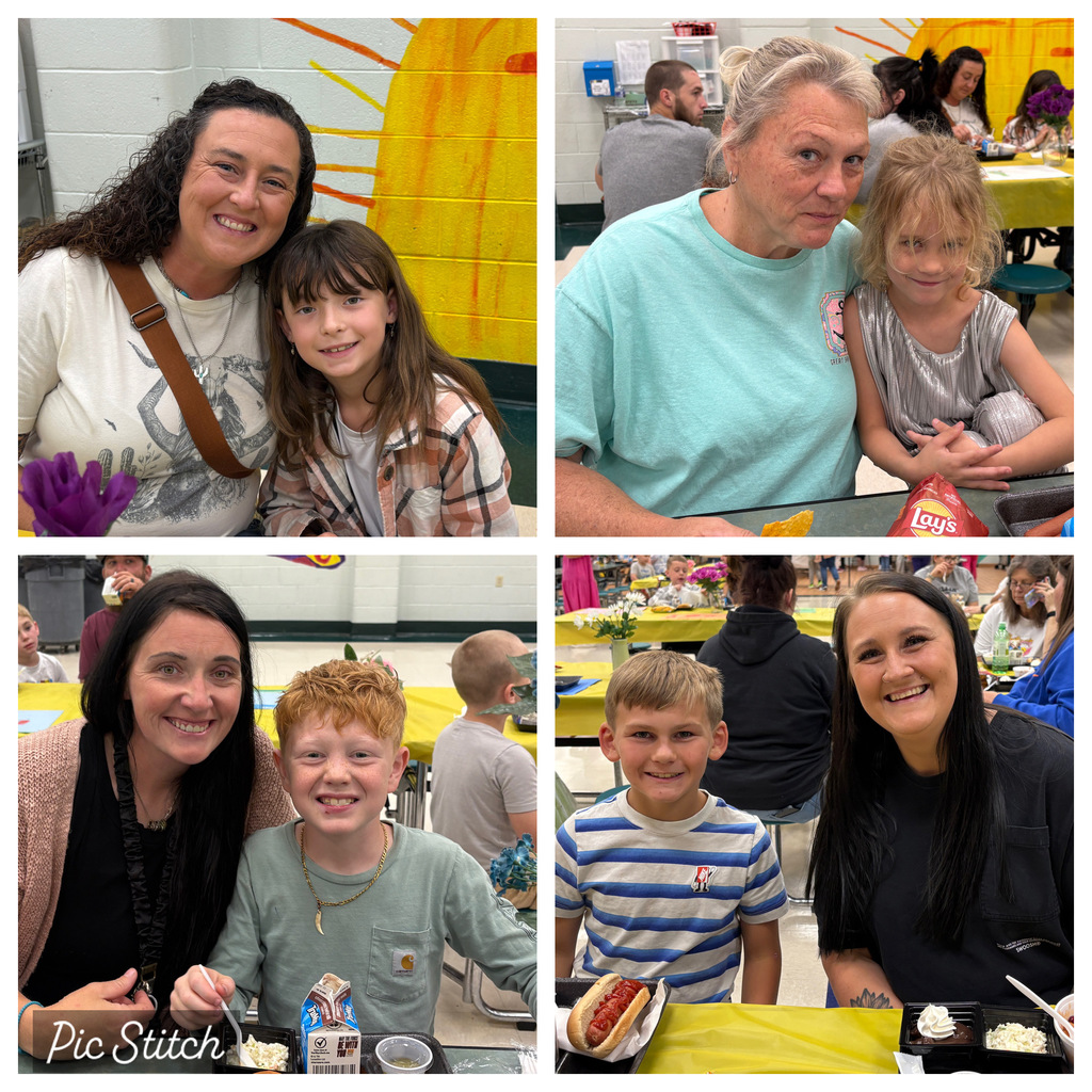 Four photos show various adults and children smiling and posing at a gathering. Backgrounds include a room with yellow walls.