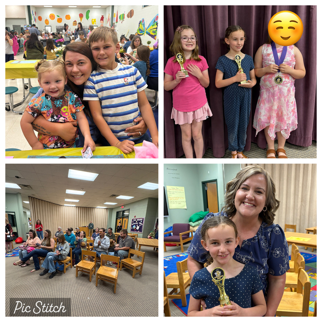 Four photos showing children and adults. The first has two kids hugging. The second has four kids holding awards.