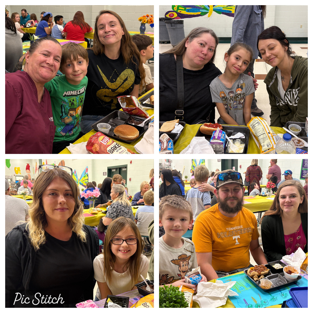Four photos show adults and children eating at a table in a room. Food, cups, and plates are on the tables.