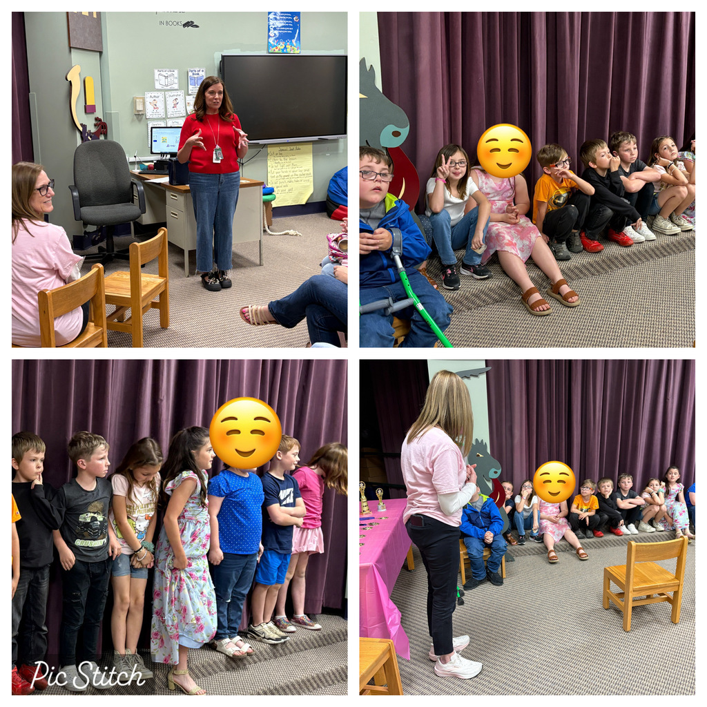 Four photos of children seated, standing, and an adult. The adult talks while children listen. Photos show chairs, a table, and purple curtains.