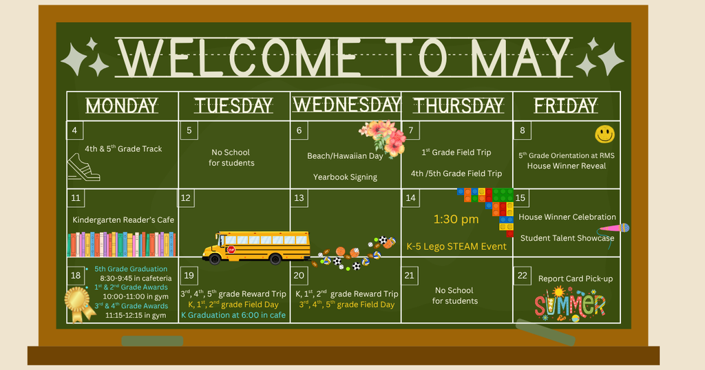 Green chalkboard with white text. Title reads "Welcome to May." Below are five days with various activities listed.