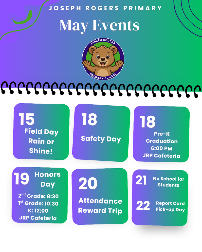 JRP May Events Calendar for last two weeks of school