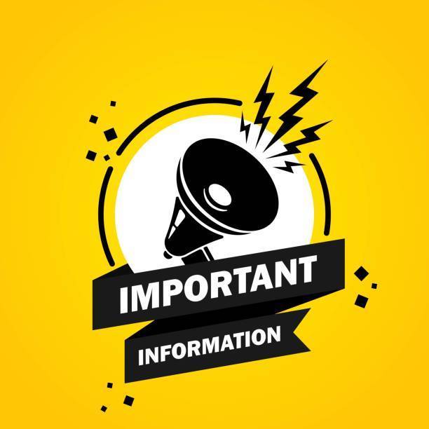 Yellow background with a black banner, megaphone icon, and lightning bolts. Text reads "IMPORTANT INFORMATION" below the megaphone.
