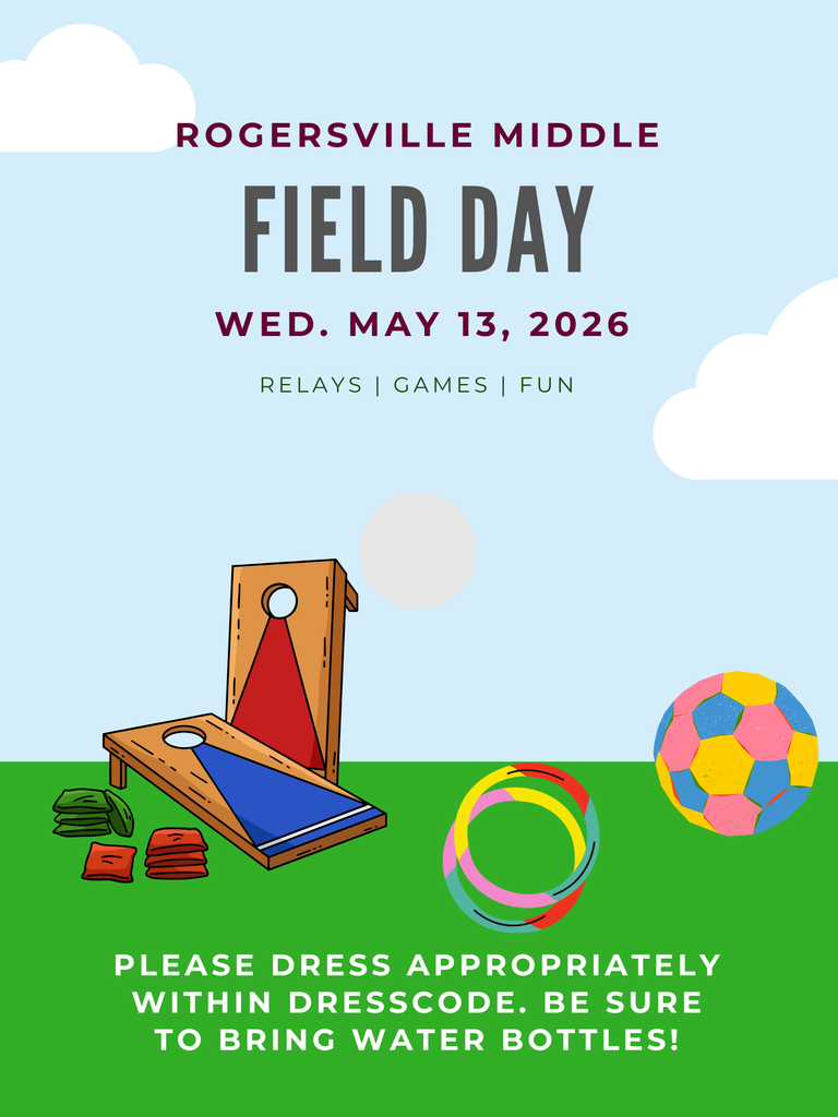 Tomorrow is field day at RMS.  Please make sure your student is dressed appropriately, remaining in dress code.  Concessions will not sold, so be sure to bring water bottles.