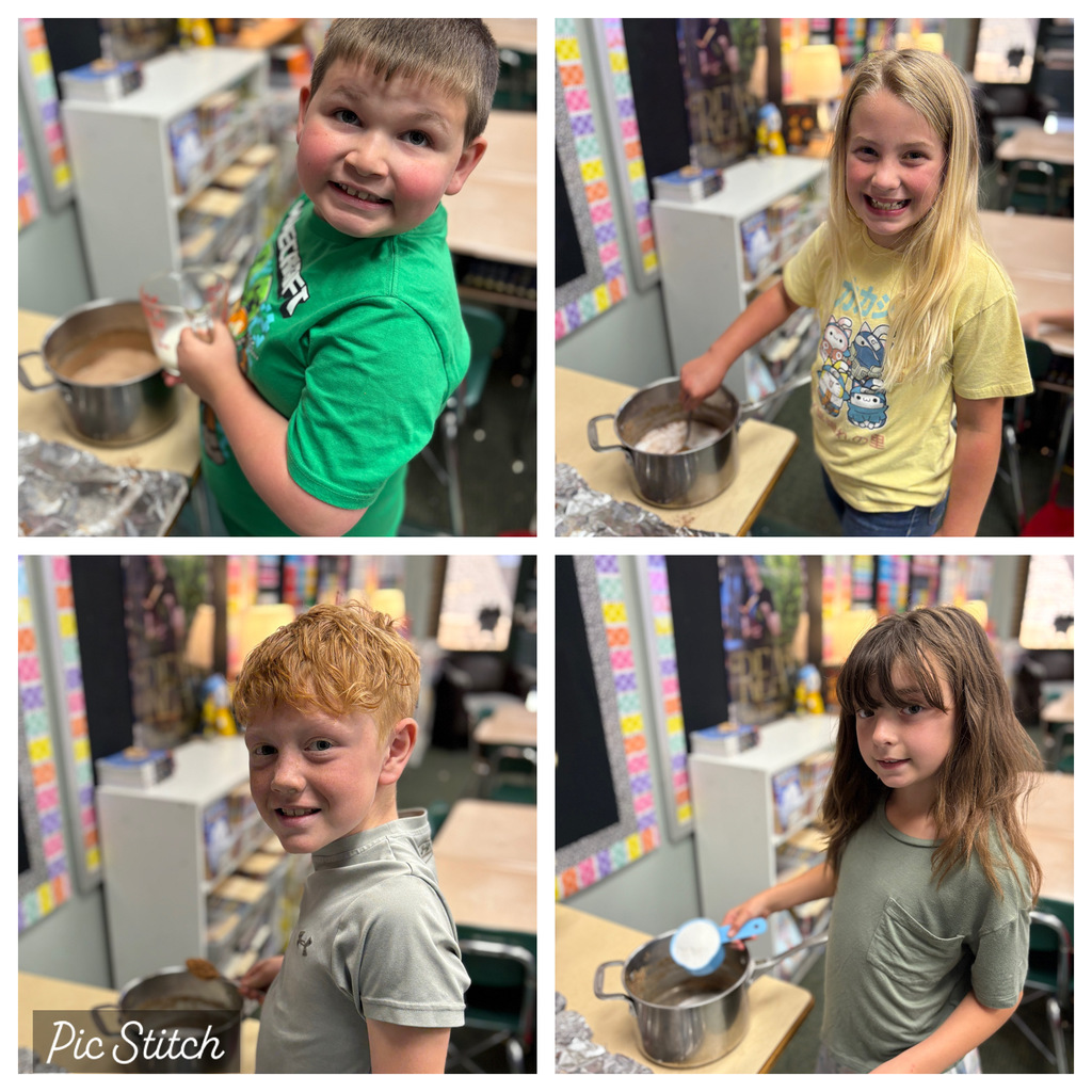 Four children in different rooms, each with a pot, mixing ingredients. Two children wear green, one yellow, and one gray.