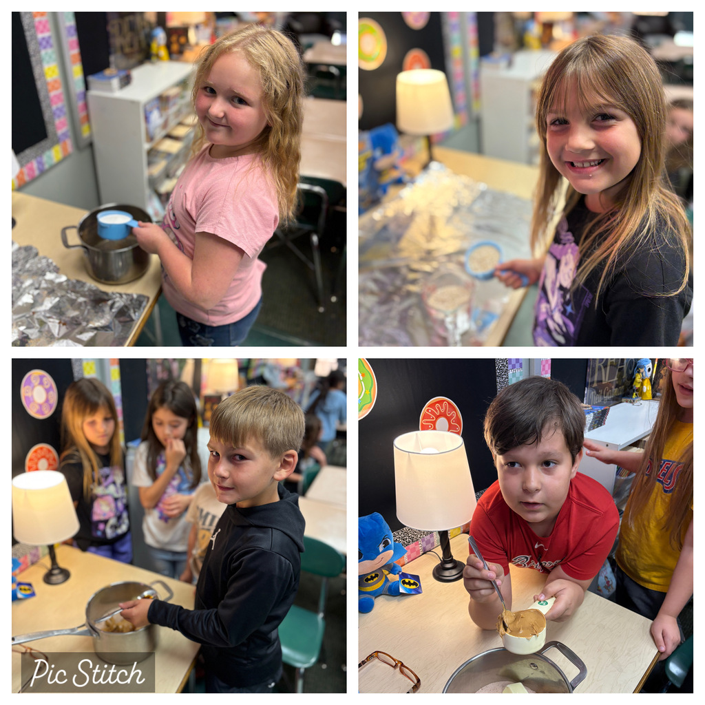 Four photos of children in a classroom. They are making a craft. Two girls and two boys.