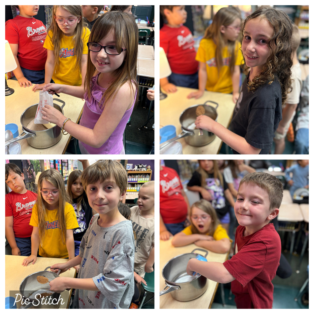 Four photos show students in a classroom using pots to cook. One girl has glasses, another has curly hair.