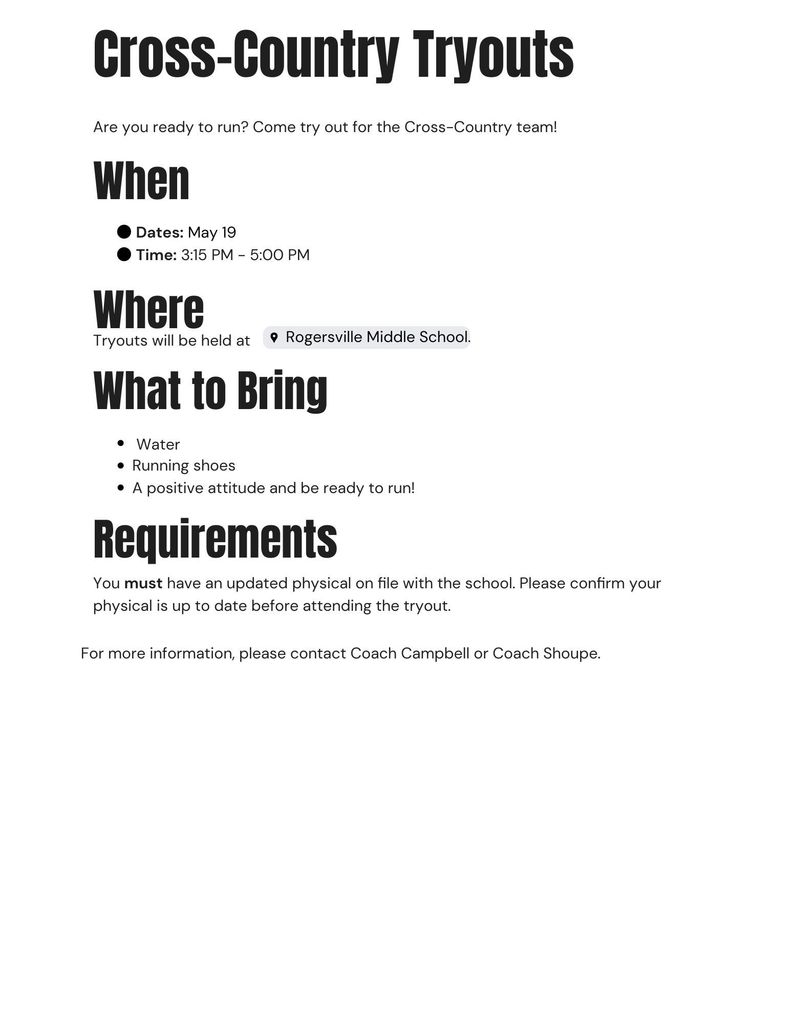 Cross Country Tryouts May 19th 3:15 - 5:00 RMS and BGS Students