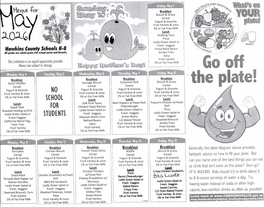 Menu for May 2026 shows daily breakfast and lunch options for students. Background includes a smiling cartoon whale and a droplet.