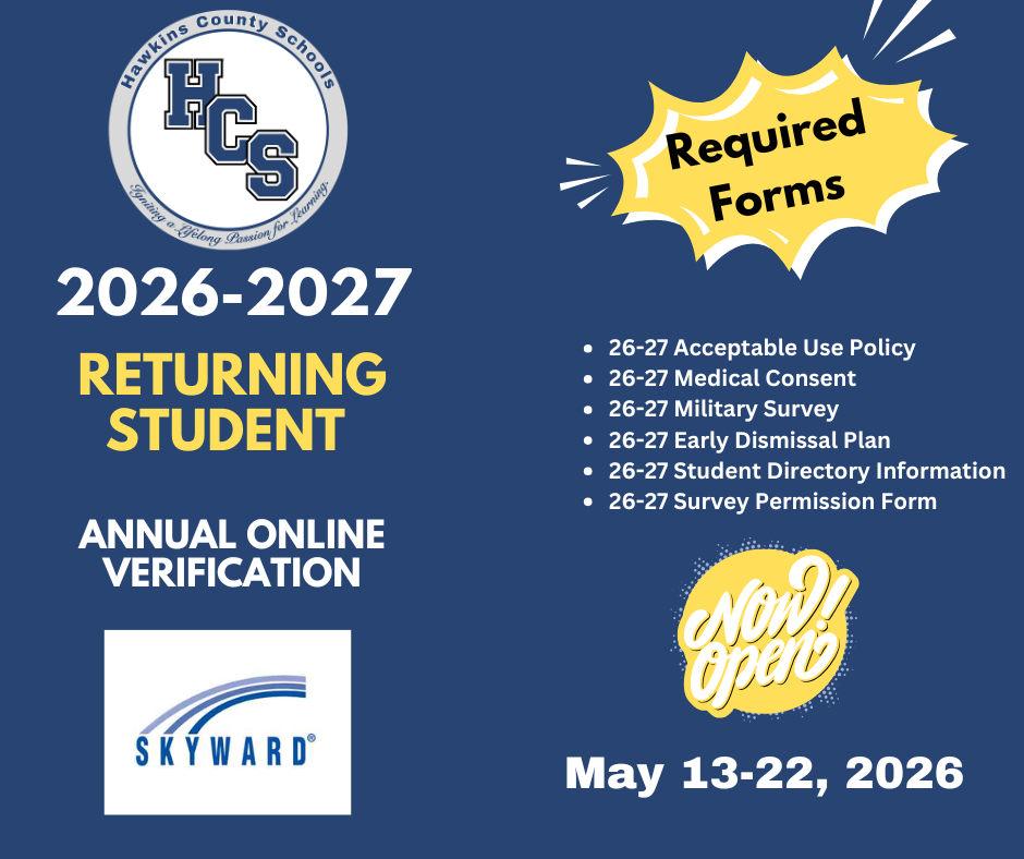 Blue background with "2026-2027 Returning Student Annual Online Verification" at top. Logos include "HCSS" and "Skyward". Banners highlight "Required Forms" and "Now Open" with dates May 13-22, 2026.