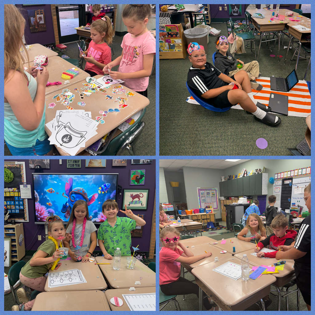 Four panels show children in a classroom. Two children work at a desk. Another sits on a floor. Four children work at a table.
