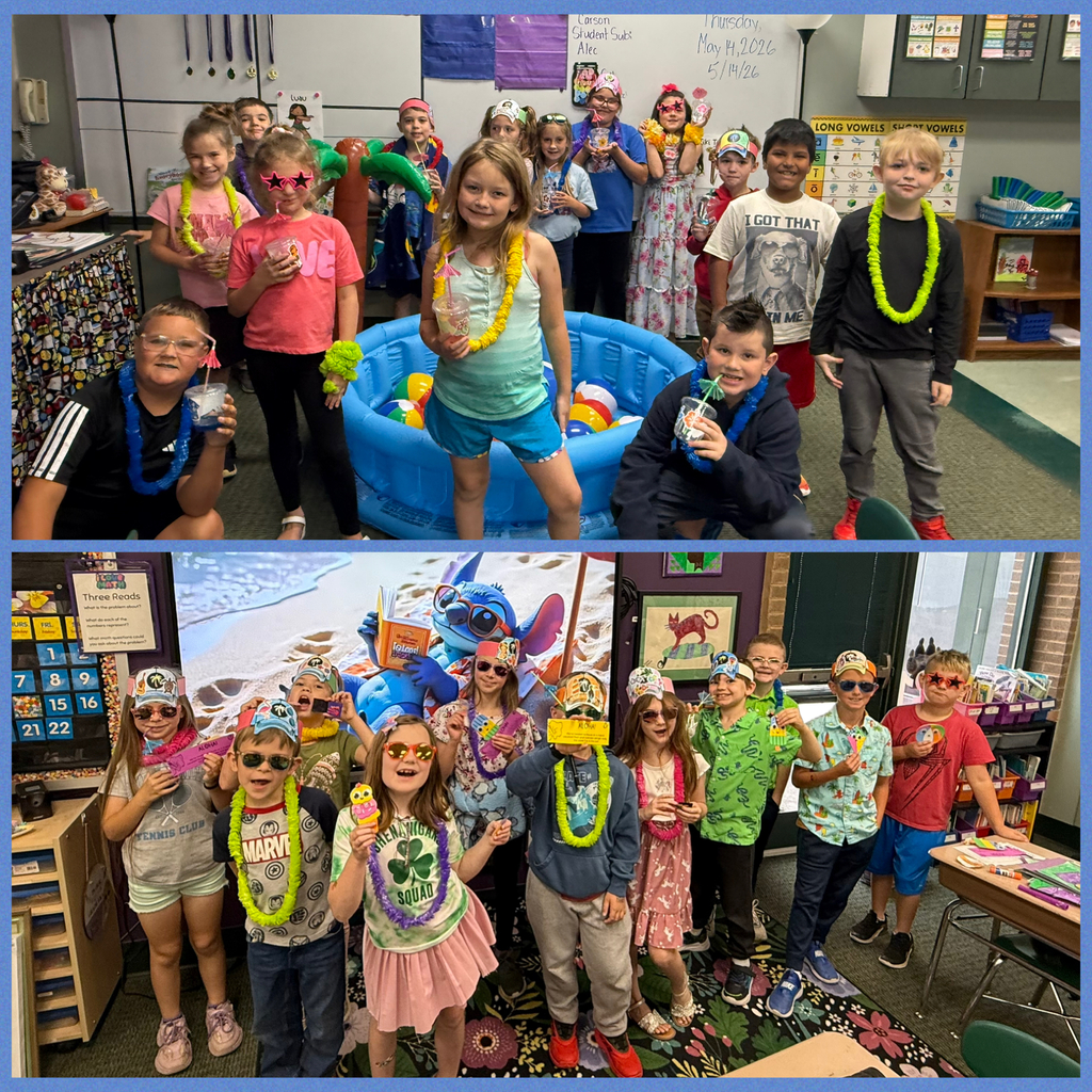 A collage of children wearing sunglasses and leis. One group stands in a classroom; another is in a bouncy house.