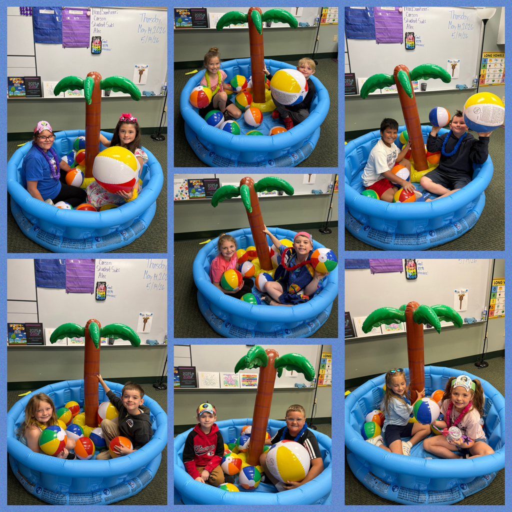 Nine photos of children in a pool of balls, with a palm tree in the middle.